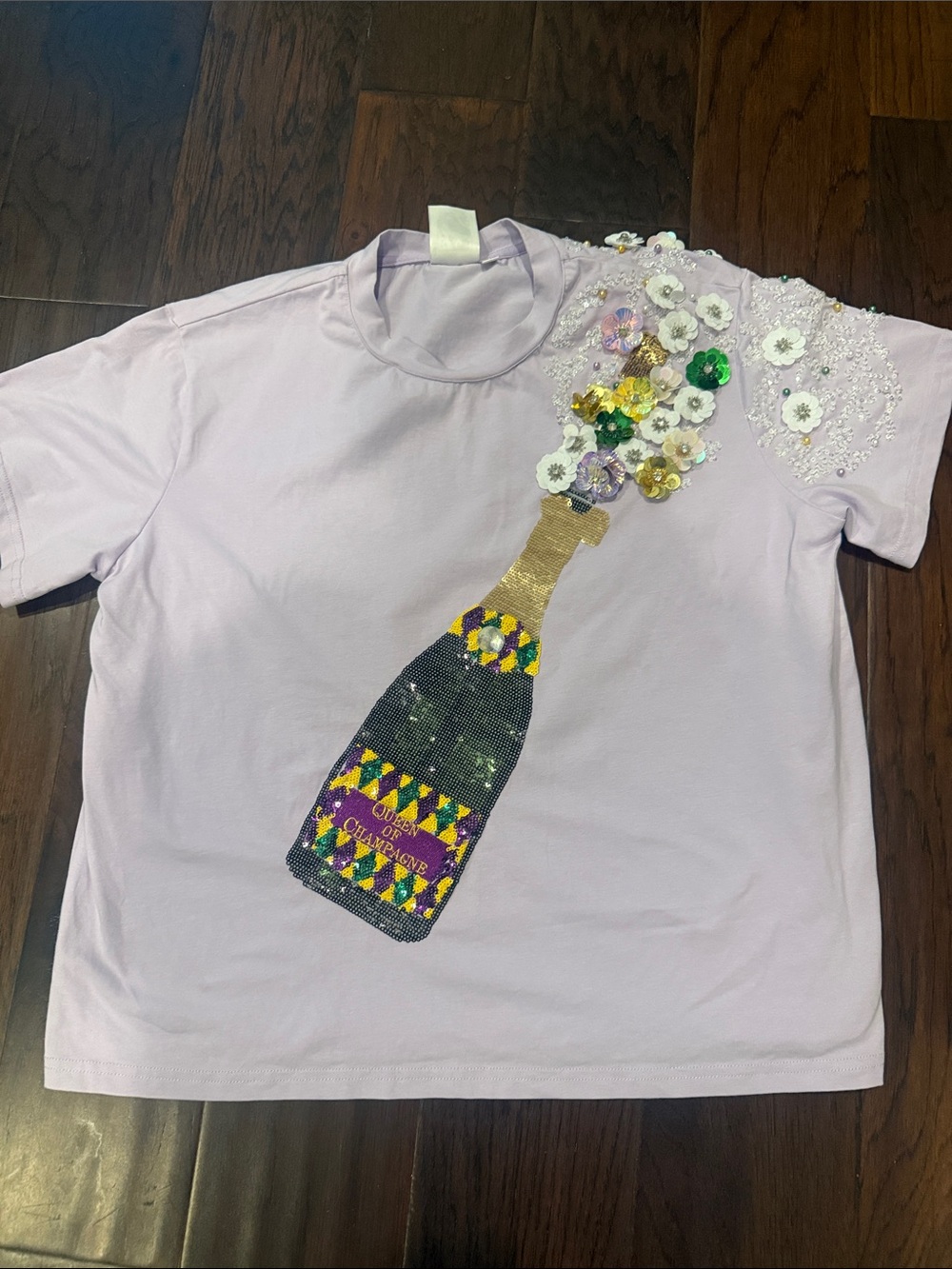 Queen of Sparkles Lavender Sequin Champagne Bottle Tee with Embellished Flowers